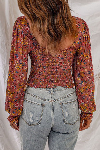 Blusa floral con manga farol fruncida