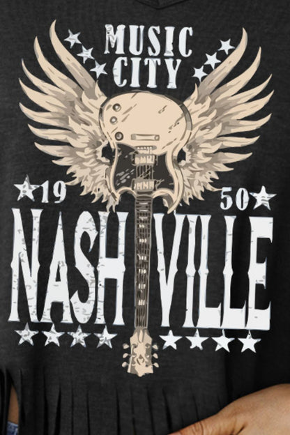 MUSIC CITY 1950 NASHVILLE Camiseta estampada con dobladillo con flecos