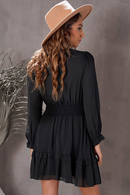 Tied Plunge Smocked Waist Flounce Sleeve Dress