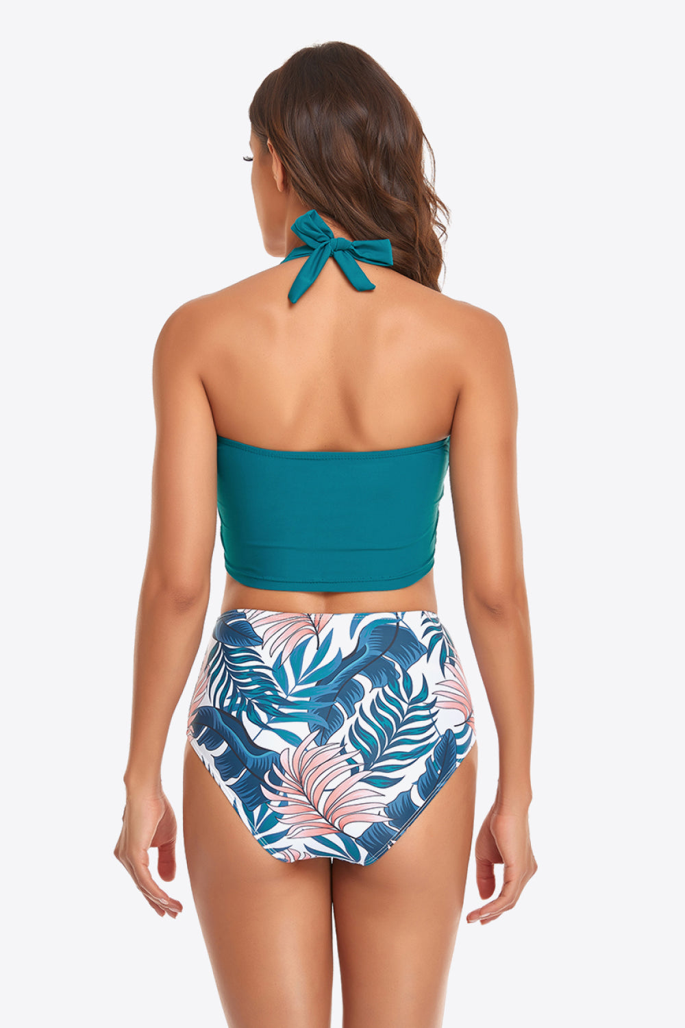 Botanical Print Halter Neck Drawstring Detail Bikini Set