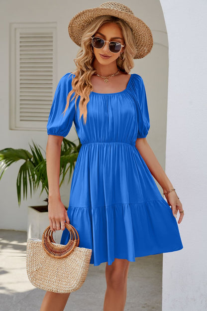 Ruched Square Neck Puff Sleeve Mini Dress