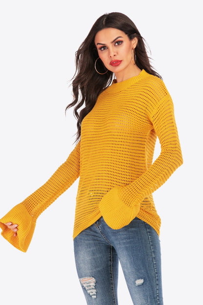 Openwork Flare Sleeve Round Neck Sweater