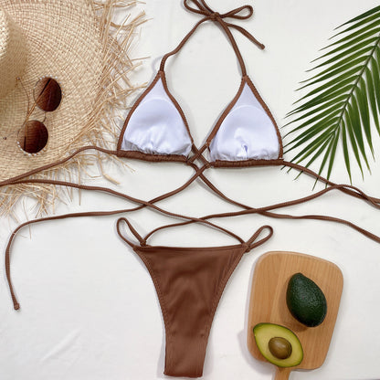 Conjunto de bikini acanalado cruzado con cuello halter