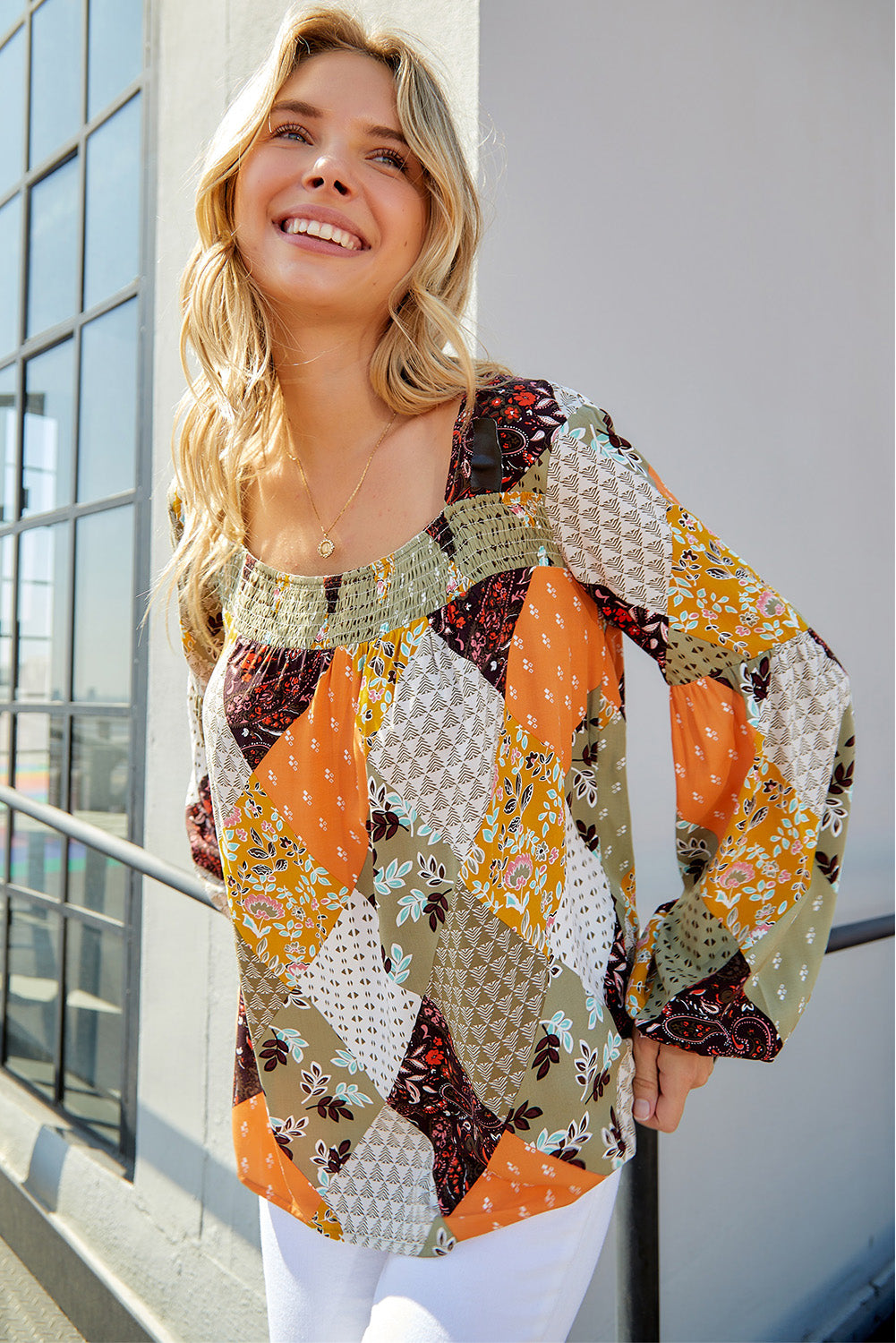 Patchwork Balloon Sleeve Blouse