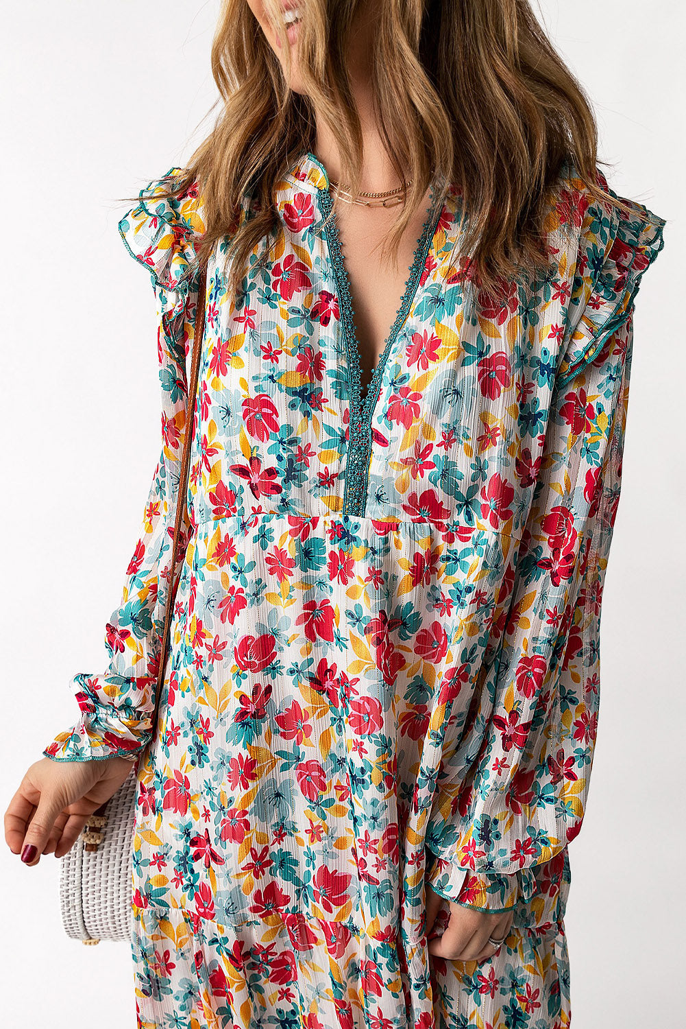 Floral Notched Neck Flounce Sleeve Dress