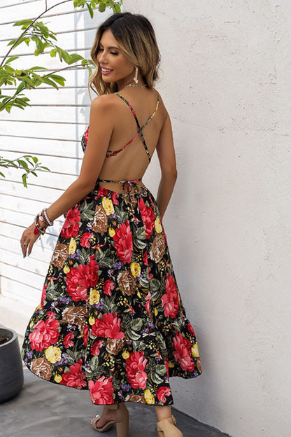 Vestido atado con tiras cruzadas y correa de espagueti floral