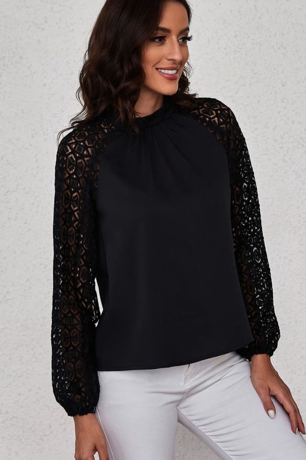 Lace Raglan Sleeve Gathered Detail Blouse