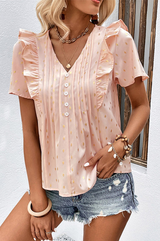 Blusa estampada con ribete de volantes y detalle plisado