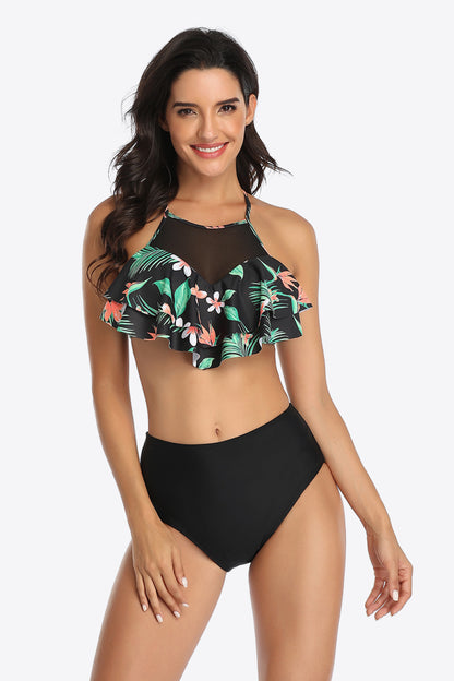 Tropical Print Ruffled Two-Piece Swimsuit