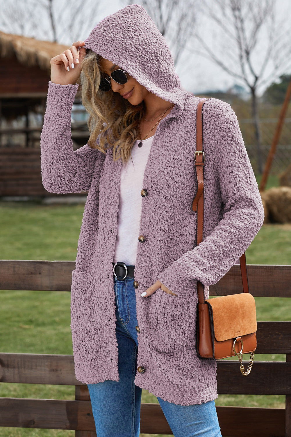 Popcorn-Knit Long Sleeve Hooded Cardigan