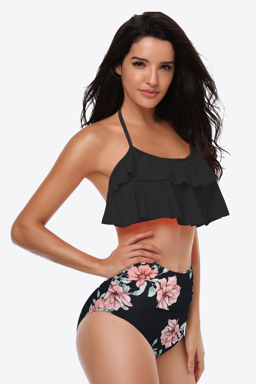 Two-Tone Ruffled Halter Neck Two-Piece Swimsuit