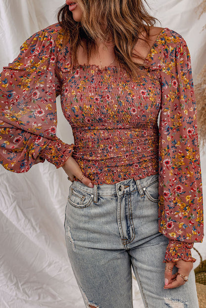 Blusa floral con manga farol fruncida