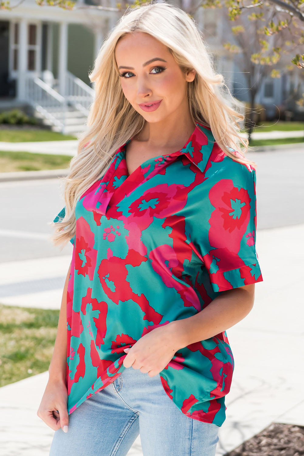 Printed Johnny Collar Short Sleeve Top