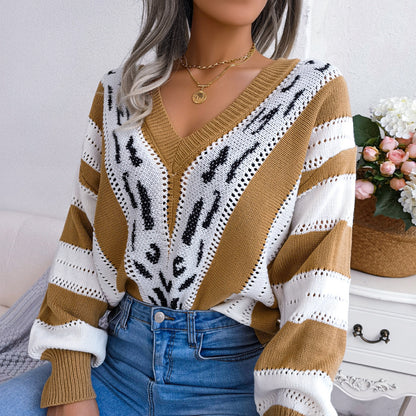 Striped Lantern Sleeve V-Neck Sweater