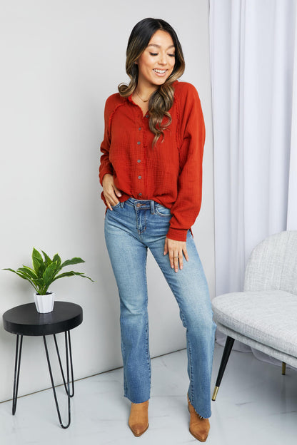 Zenana Frayed Trim Button-Up Textured Shirt