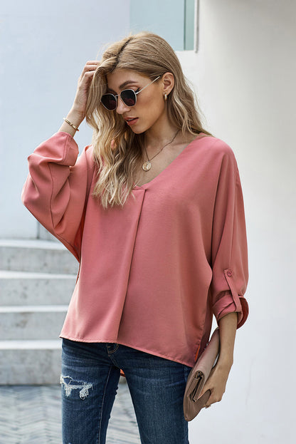 V-Neck Roll-Tab Sleeve Blouse