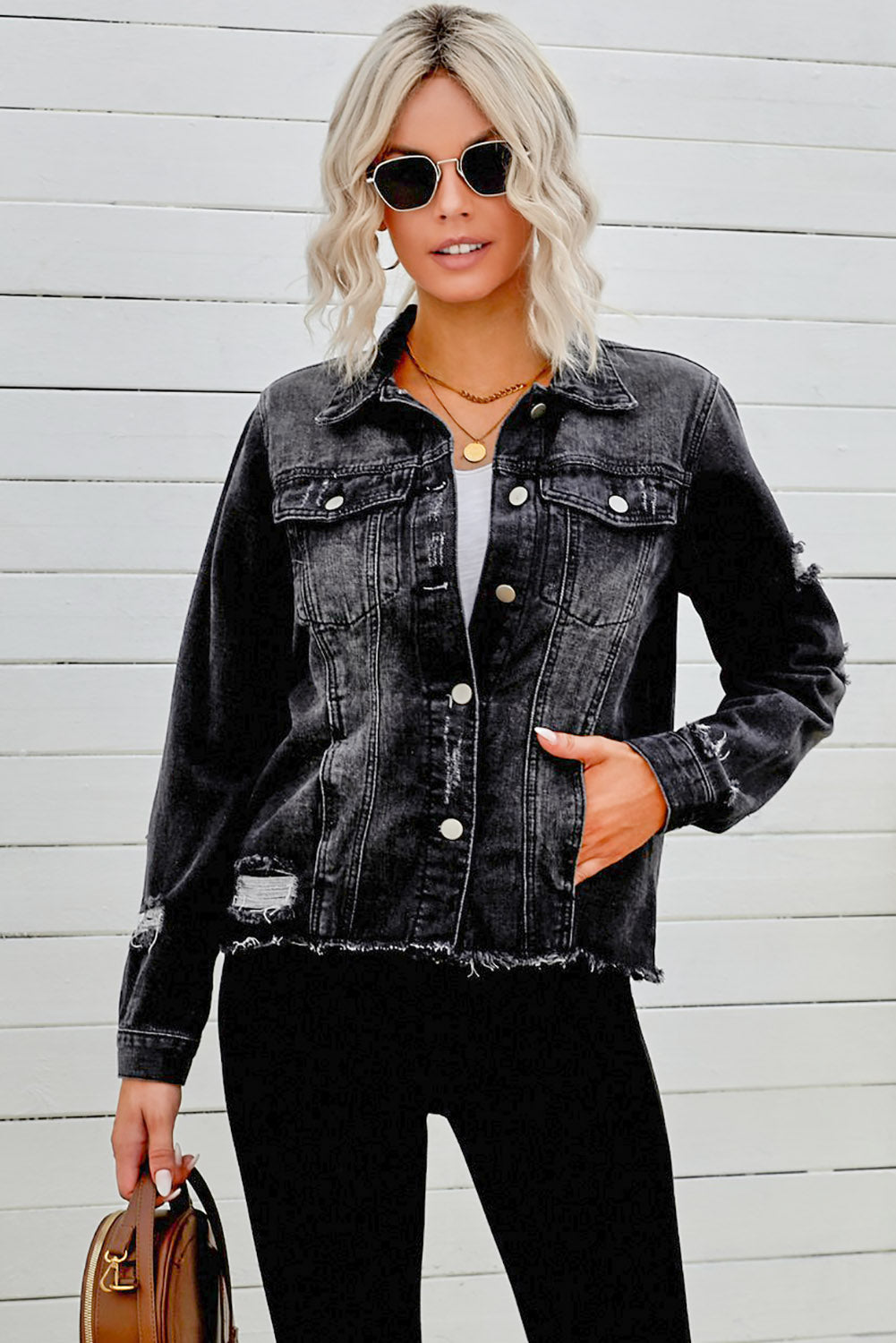 Distressed Raw Hem Denim Jacket