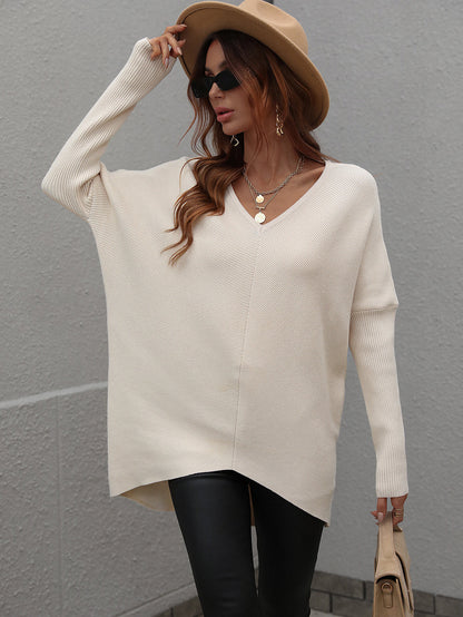 Ribbed V-Neck Open Back Tunic Sweater